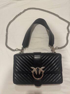 Pinko Love Classic Icon Chevron Quilted Black Leather Shoulder Bag Silver Birds